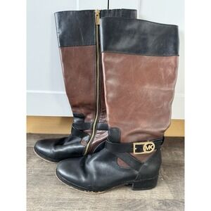 Michael Kors Bryce Size 7 Black and Brown Tall Leather Riding Boots Gold Logo